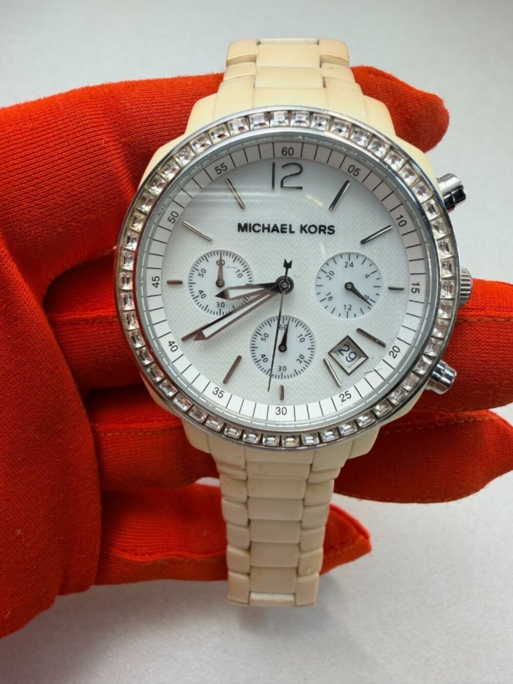 Michael Kors Women Runway Glam Crystal Bezel Cream Chronograph Watch